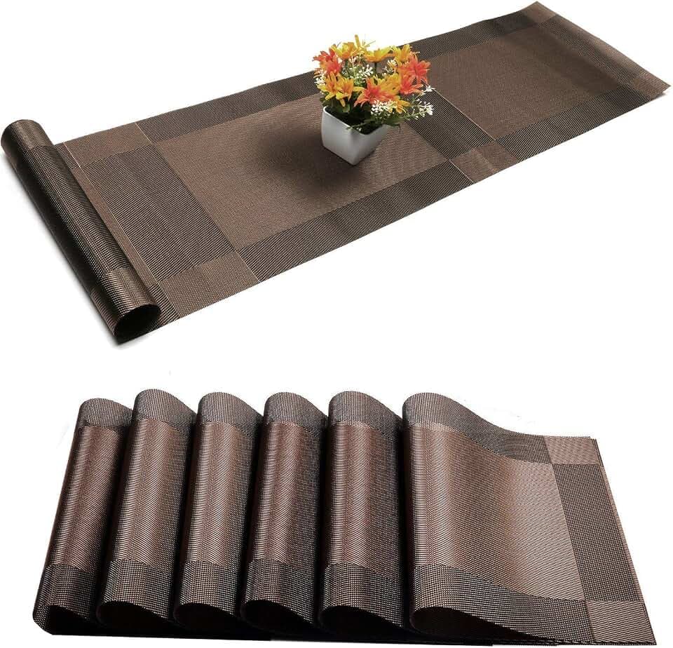 Tischsets mit Tischläufer-Sets Platzdeckchen, Gewebtes Kreuzgewebe Platzset Vinyl Küche Tischset, Waschbare PVC Tischsets für Esstisch, Partys, Thanksgiving, Weihnachten & Versammlungen (Braun)