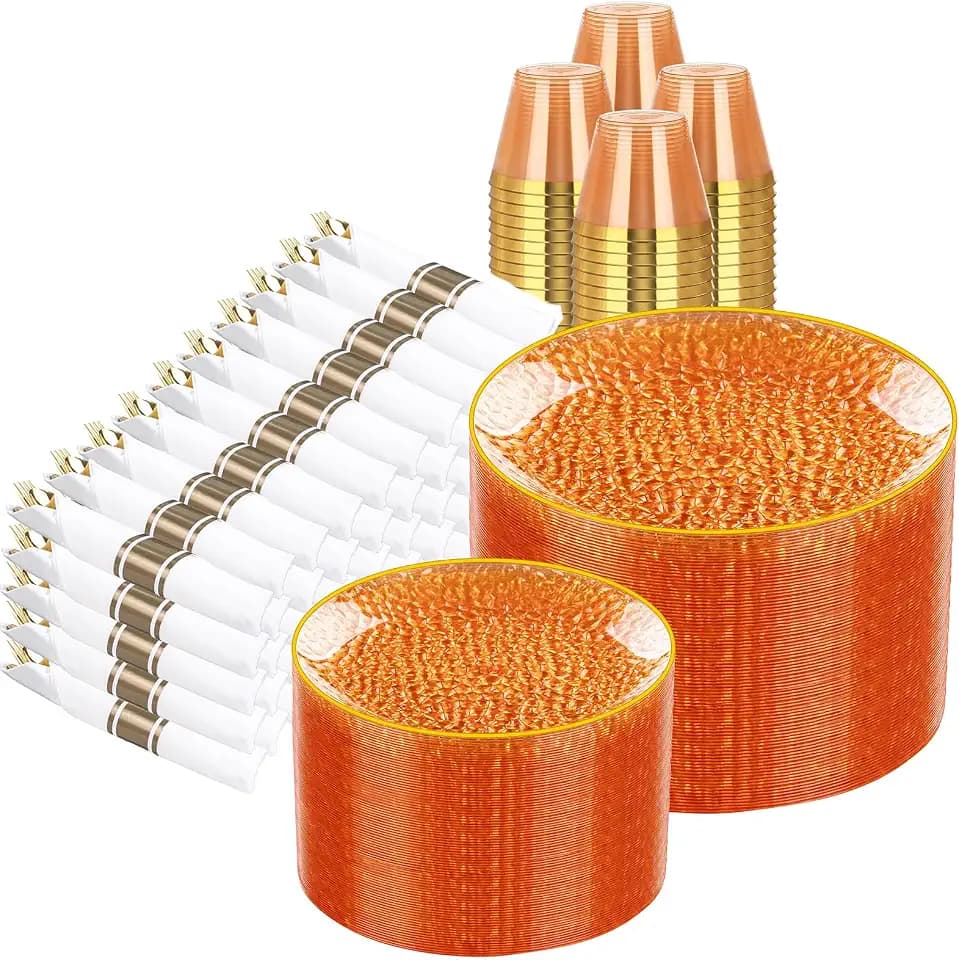 Rubtlamp 700Pcs Orange Gold Plastic Dinnerware Set, Hammered Clear Gold Plates, Fancy Plastic Plates Include 100 Dinner Platos, 100 Salad Platos, 100 Cups, 100 Pack Pre Rolled gold plastic Silverware