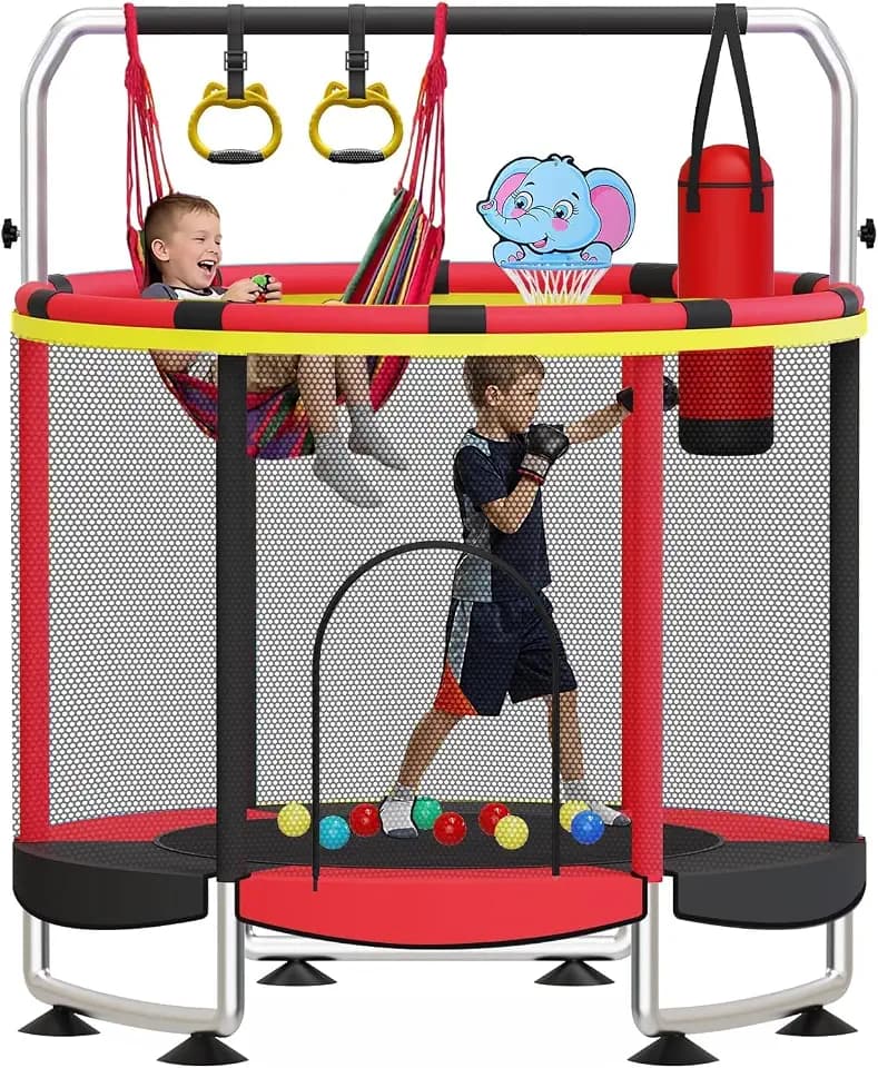 55 Zoll Trampolin für Kinder, 5-in-1 Kleinkind Trampolin Innen & Außen mit Verstellbarer Gymnastikstange und Spielzeug, Geschenk für Jungen und Mädchen 3–8 Jahre