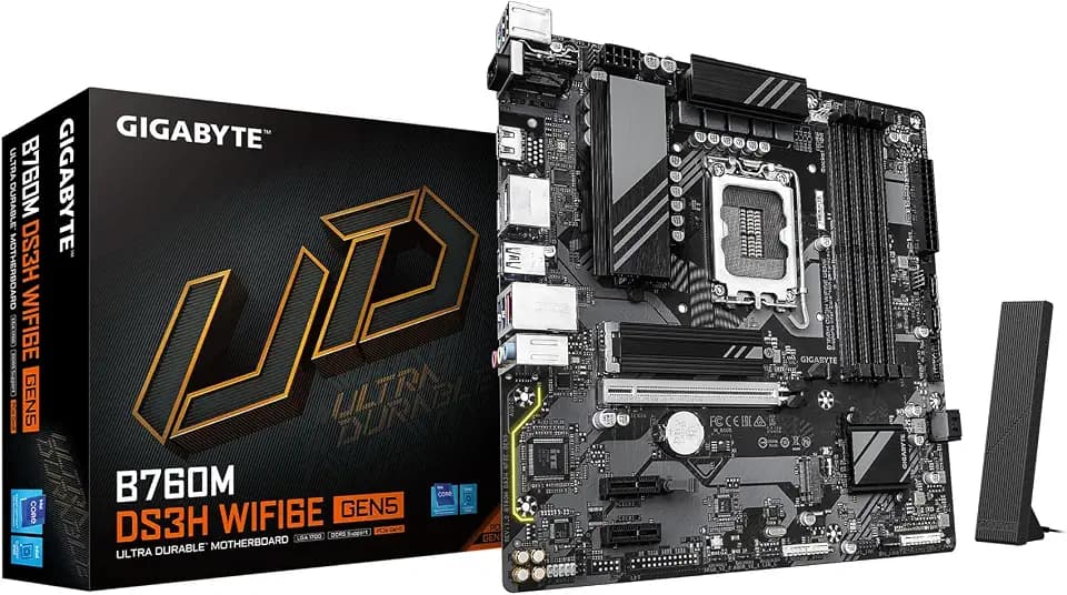 GIGABYTE B760M DS3H WIFI6E GEN5 Intel LGA 1700 mATX Motherboard, Supports Intel Core 14th/13th/12th Gen, DDR5, 6+2+1 Power Phase, 2X M.2, PCIe 5.0, USB-C, WIFI6E, 2.5GbE LAN, PCIe EZ-Latch