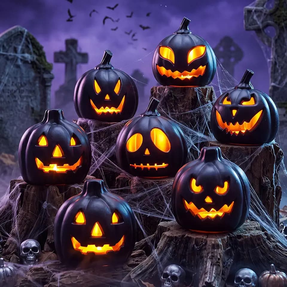 Pinkunn 6 Pcs Light up Jack O Lantern Halloween Pumpkin Lights Scary Glowing Plastic Pumpkin Lamp 5.25 Inch Halloween Props with LED Indoor Outdoor Table Yards Garden Decor (Black, Purple Light)