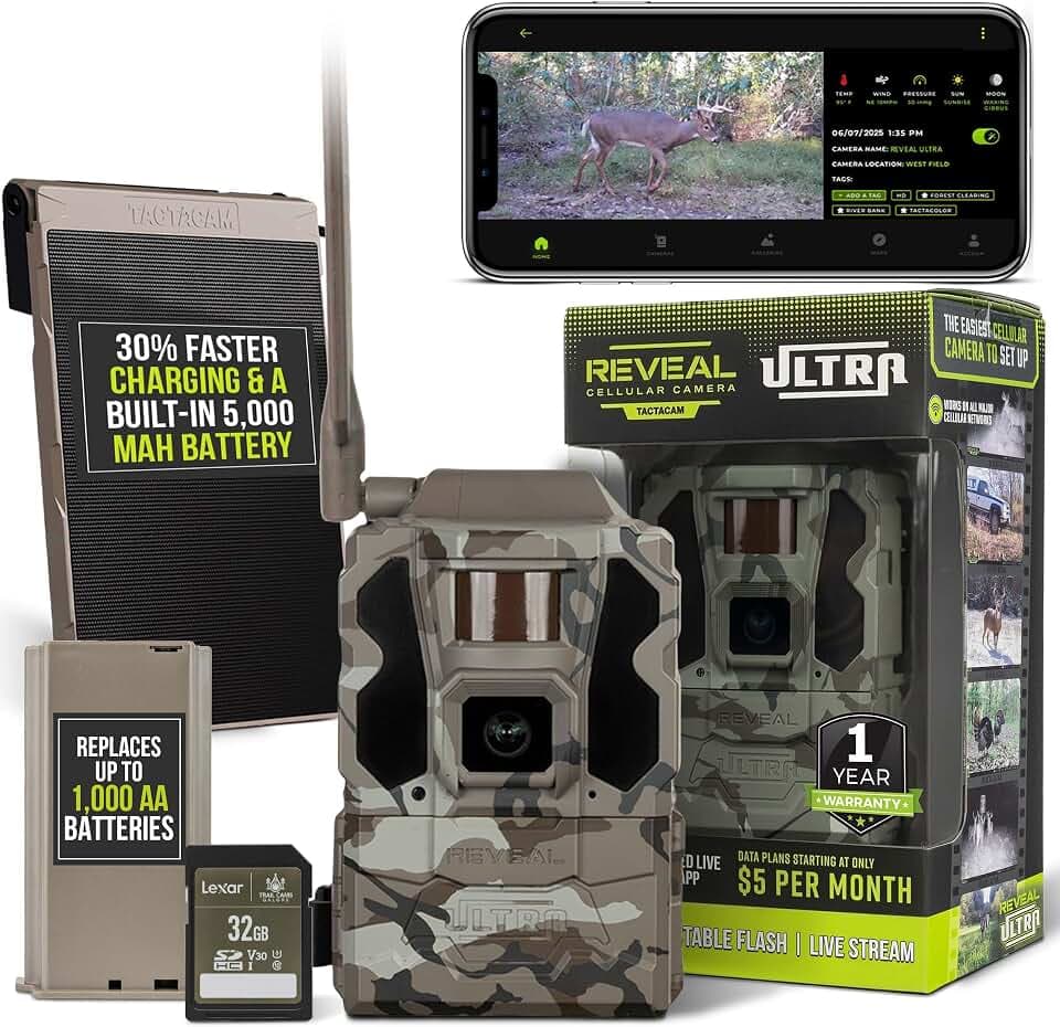 TACTACAM Reveal Ultra Cellular Trail Camera – 4K Photo, 1080P Video, Live Streaming, GPS, Low-Glow/No-Glow Flash, LTE – Includes Solar Panel R5, Lipo Lithium Battery Pack, & 32GB SD Card