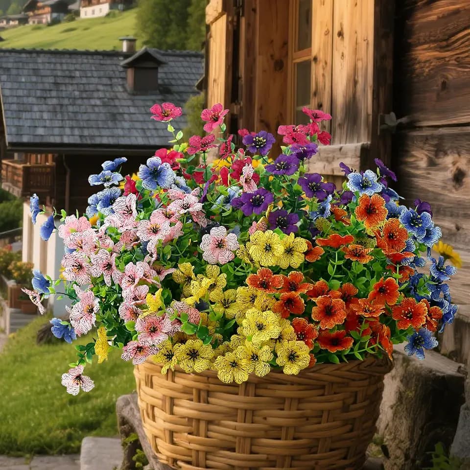 summer flower Fake for Decoration, 12 Bundles Outdoor Fakeplants, Outdoor Silk Artificial Flowers Uv Resistant for Planter Front Door Porch Yard Patio