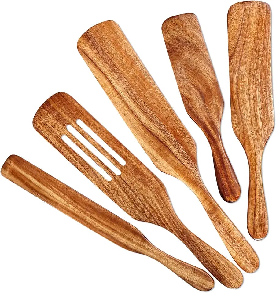 5Pcs Wooden Spurtle Set, Natural Acacia Wood Kitchen Utensils Set for Cooking, Stirring, Mixing, Serving, Heat Resistant Non-Stick, Wooden Spurtles for Mom, Wife Cooking Gifts