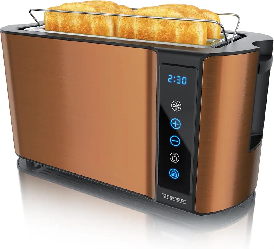 Arendo - Edelstahl Toaster Langschlitz 4 Scheiben- Touchscreen – Doppelwandgehäuse – Integrierter Brötchenaufsatz – 7 Bräunungsgrade – Brotzentrierung – Restzeitanzeige – Memoryfunktion - Kupfer