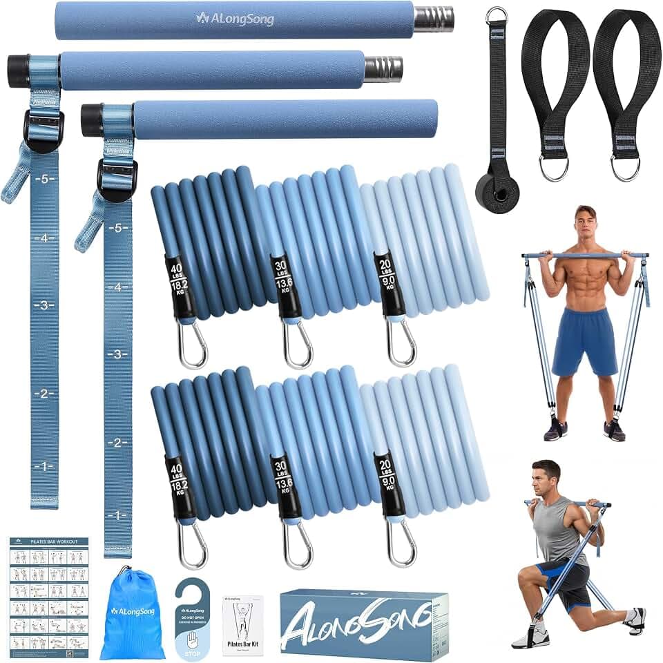 ALongSong Fitnessbänder Pilates Set Widerstandsbänder Krafttraining mit 6 Widerstandsbänder 20-180lbs, Pilates Stange, Griffe, Türanker für Yoga Kniebeugen Home Gym Workout