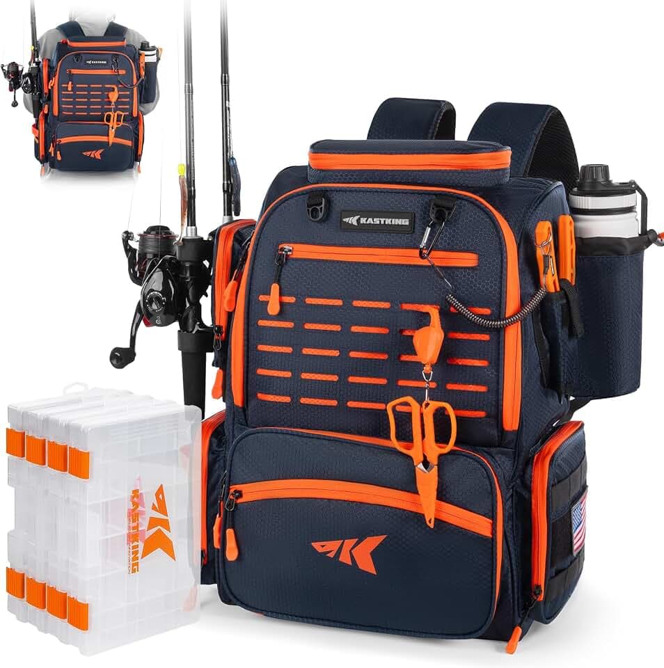 KastKing Bait Boss Fishing Backpack with Rod Holders, 4 Tackle Boxes