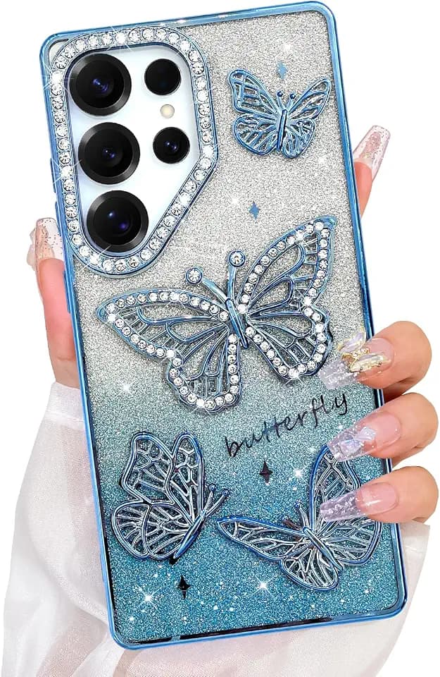 Bonoma Glitter Case for Samsung Galaxy S25 Ultra,Cute 3D Blue Butterfly