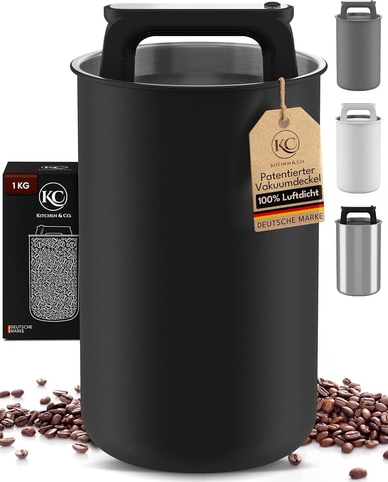 KC Kitchen & Co. Kaffeedose luftdicht für 1 kg Kaffeebohnen – Edelstahl Vorratsdose mit Vakuumdeckel & Aromaverschluss – Aufbewahrungsdose für Kaffee, Tee, Zucker, Müsli Schwarz Matt (2800 ml)