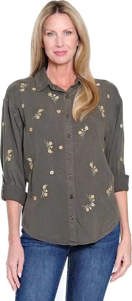 Tru Luxe Jeans Oversized Embroidered Button Up, Multi, XL