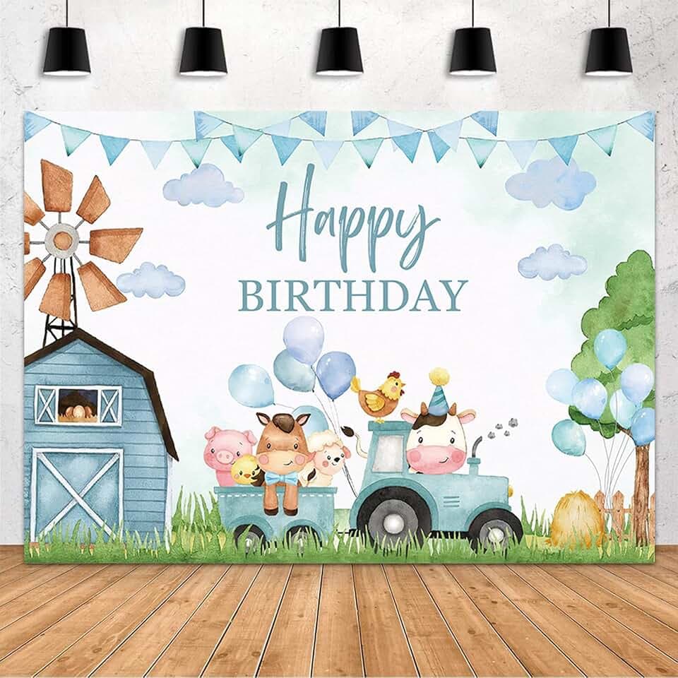 MEHOFOND Farm Aniamls Happy Birthday Backdrop for Boys Barn House Birthday Party Decorations Banner Cartoon Farm Animals Farmland Blue Sky White Clouds Farm Theme Birthday Party Supplies 7x5ft