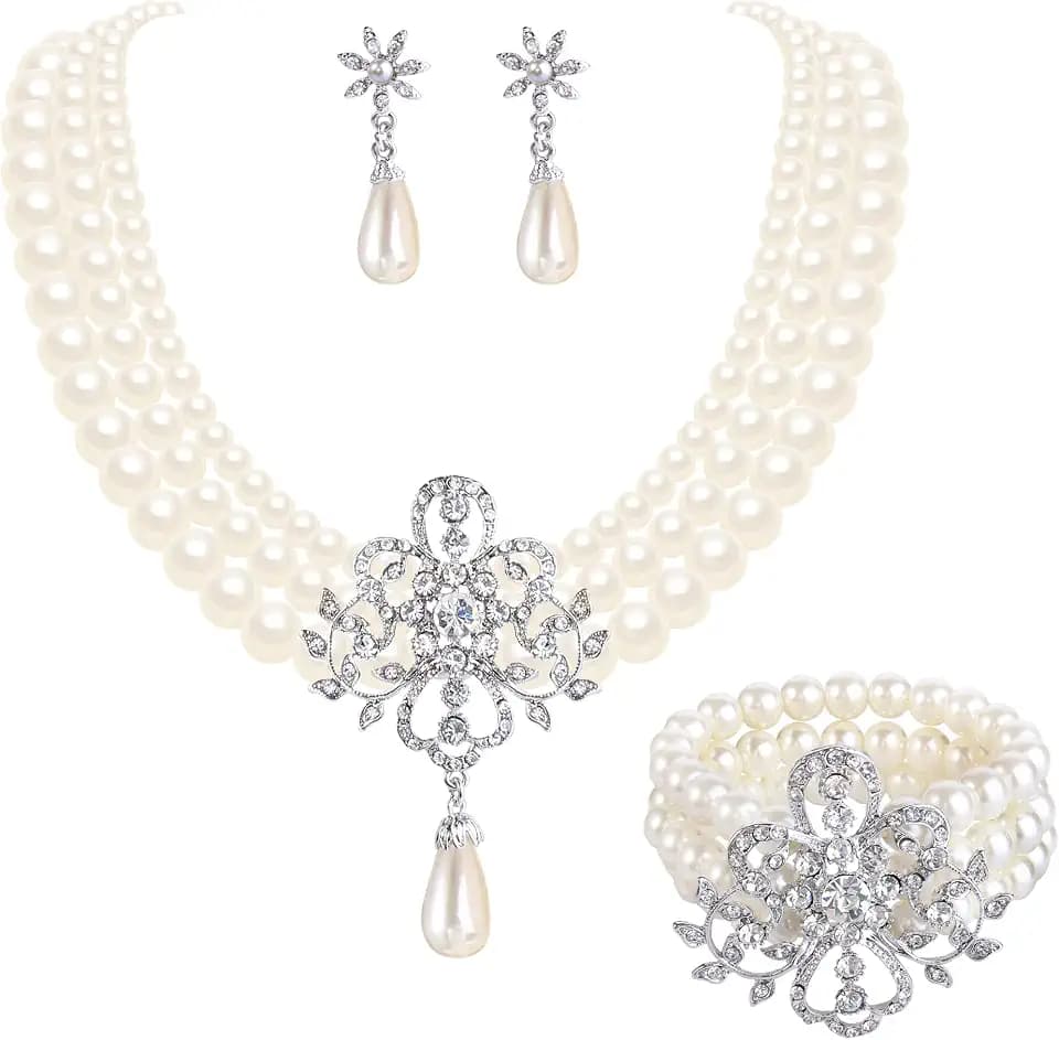 EleQueen Women's Silver-Tone Ivory Simulated Pearls Crystal Victorian Style Statement Necklace Earrings Bracelet Bridal Wedding Sets