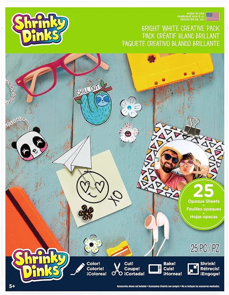 Just Play Shrinky Dinks Creative Pack, 25 Bright White Sheets, Kids Arts and Crafts Activity Set, Kids Toys for Ages 6 Up