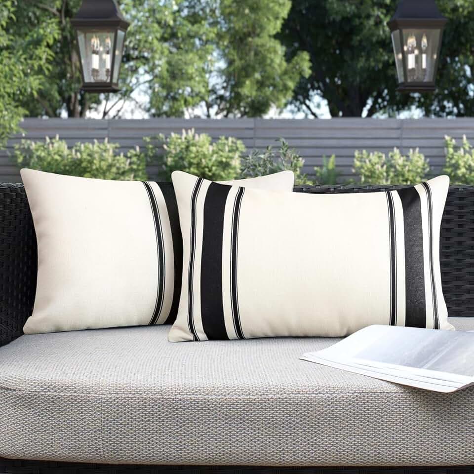 OTOSTAR Pack of 2 Outdoor Waterproof Decorative Pillow Covers 12x20 Inch Linen Geometry Pillowcases Cushion Case Garden Throw Pillow Covers Pillows Shell for Patio Furniture Couch Tent Balcony (Black)