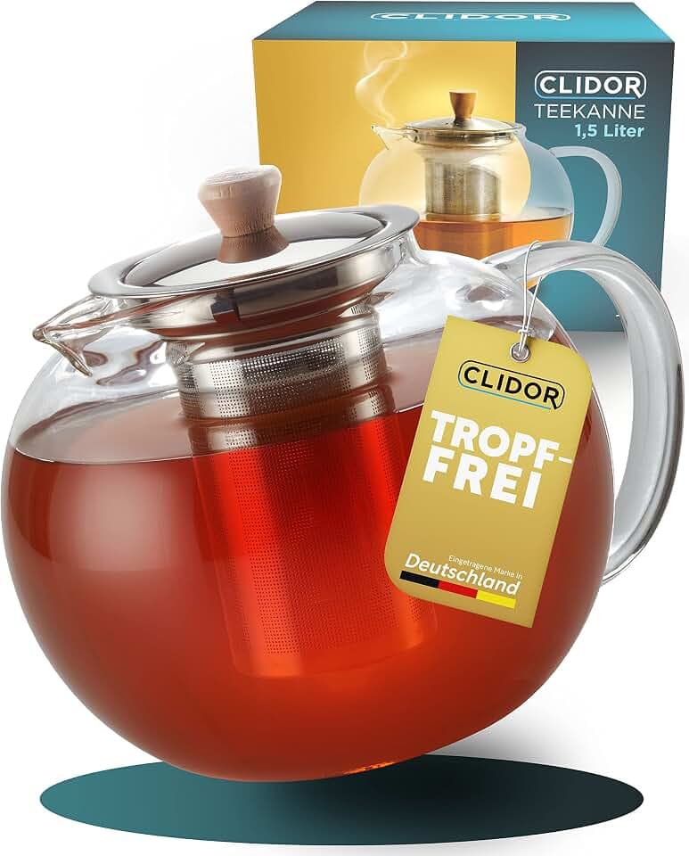 CLIDOR Teekanne mit Siebeinsatz - 1,5 Liter, verstärkte Glasstärke für bessere Isolierung, Teekanne mit Stövchen nutzbar, Glasteekanne, Thermo Teezubereiter, robuster Teapot, Teebereiter (1500ml)