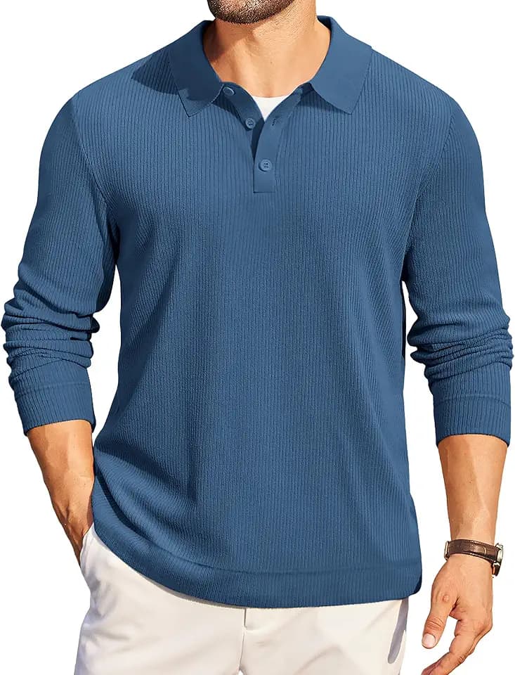 COOFANDY Mens Long Sleeve Polo Knit Polo Sweater Collared Pullover Casual Golf Polo Sweater