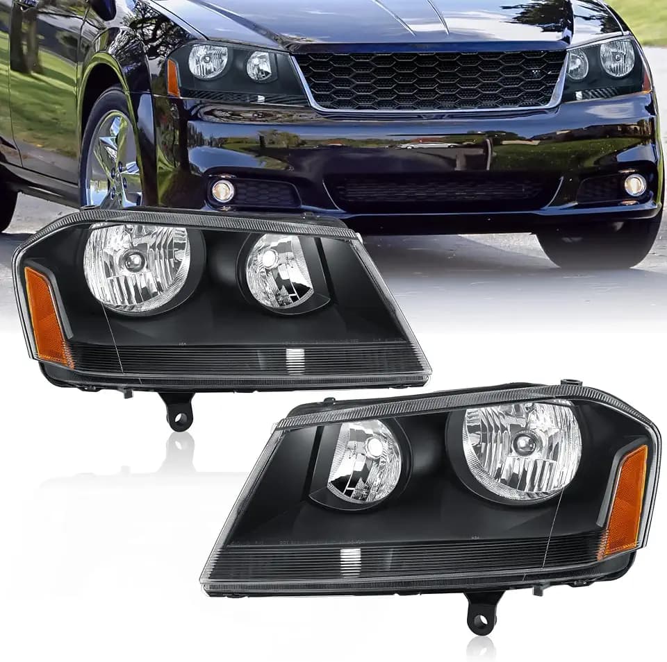 MOSTPLUS Pair Headlight Assembly Compatible with 2008-2014 Dodge Avenger Headlights Headlamp with Black Housing Clear lens Amber Corner