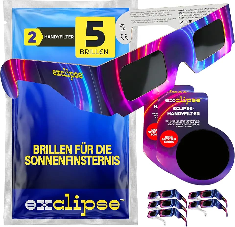 exclipse Sonnenfinsternisbrille – ISO 12312-2 & CE & UKCA-zertifiziert, Sichere Sonnenbeobachtung, AAS Zertifizierung 2026, Schutzbrille im Mehrpack
