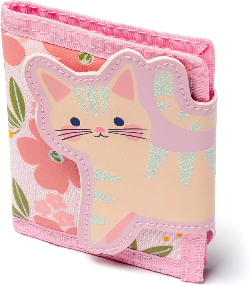 Stephen Joseph, Kids Wallet, Tri-Fold Bi-Fold Wallet for Boys & Girls with Zipper Coin Pocket, Durable Polyester Small Wallet for Kids, Cute Designs for School & Travel, Pink Cat