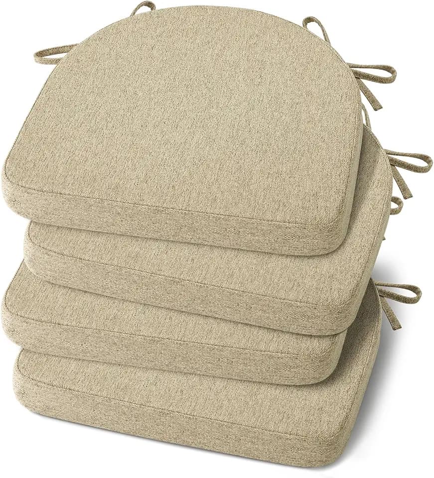 Shinnwa Dining Chair Cushions Set of 4, Non-Slip Kitchen Chair Cushions with Ties and Machine Washable Cover, Sef of 4, 17 x 16.5 x 2in, Natural Linen