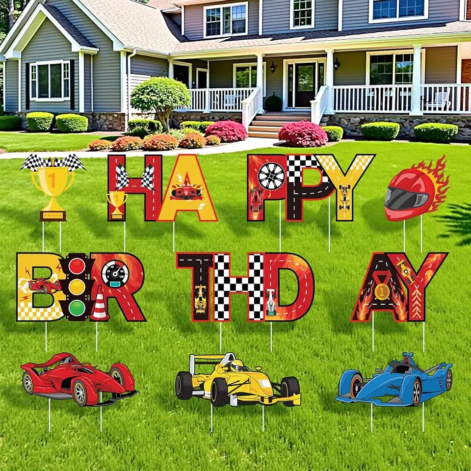 Race Car Birthday Party Decorations Happy Birthday Yard Signs for Boys with Stakes Waterproof Hot Car Lawn Sign Outdoor Garden Yard Lawn Decor for Wheel Racing Themed Bday Party Supplies