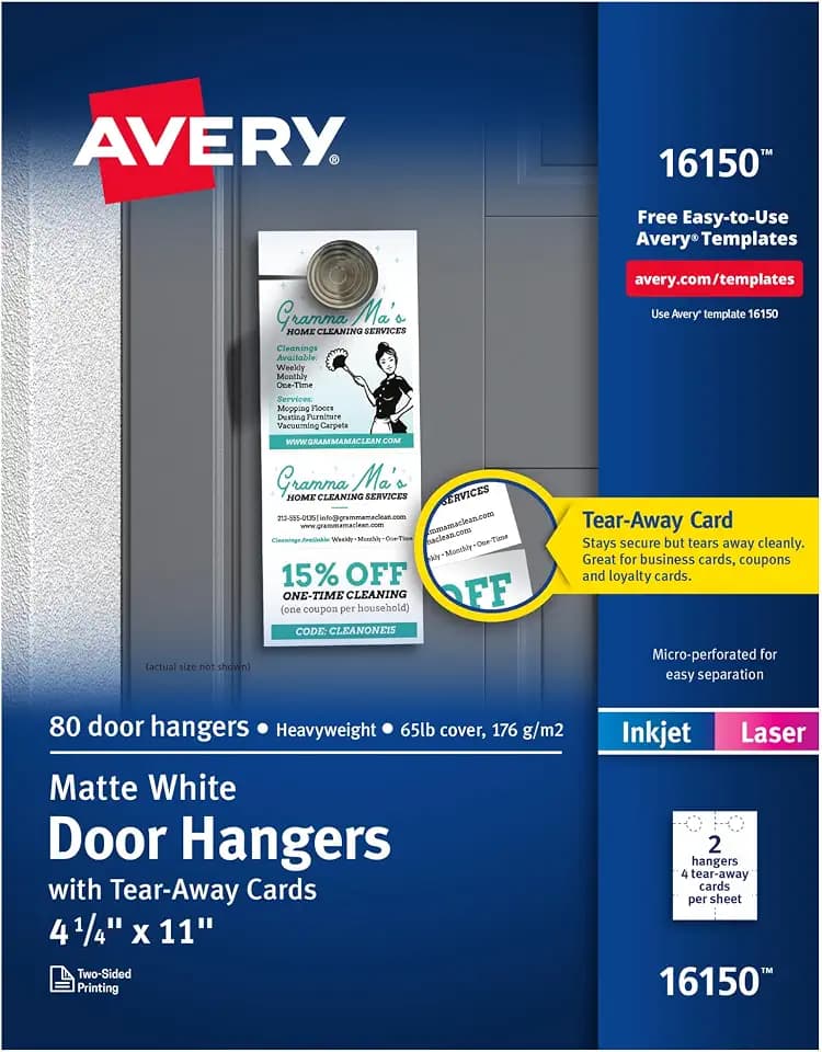 Avery® Printable Door Hangers with Tear-Away Cards, 4.25" x 11", Matte White, 80 Blank Door Hangers for Laser and Inkjet Printers (16150)