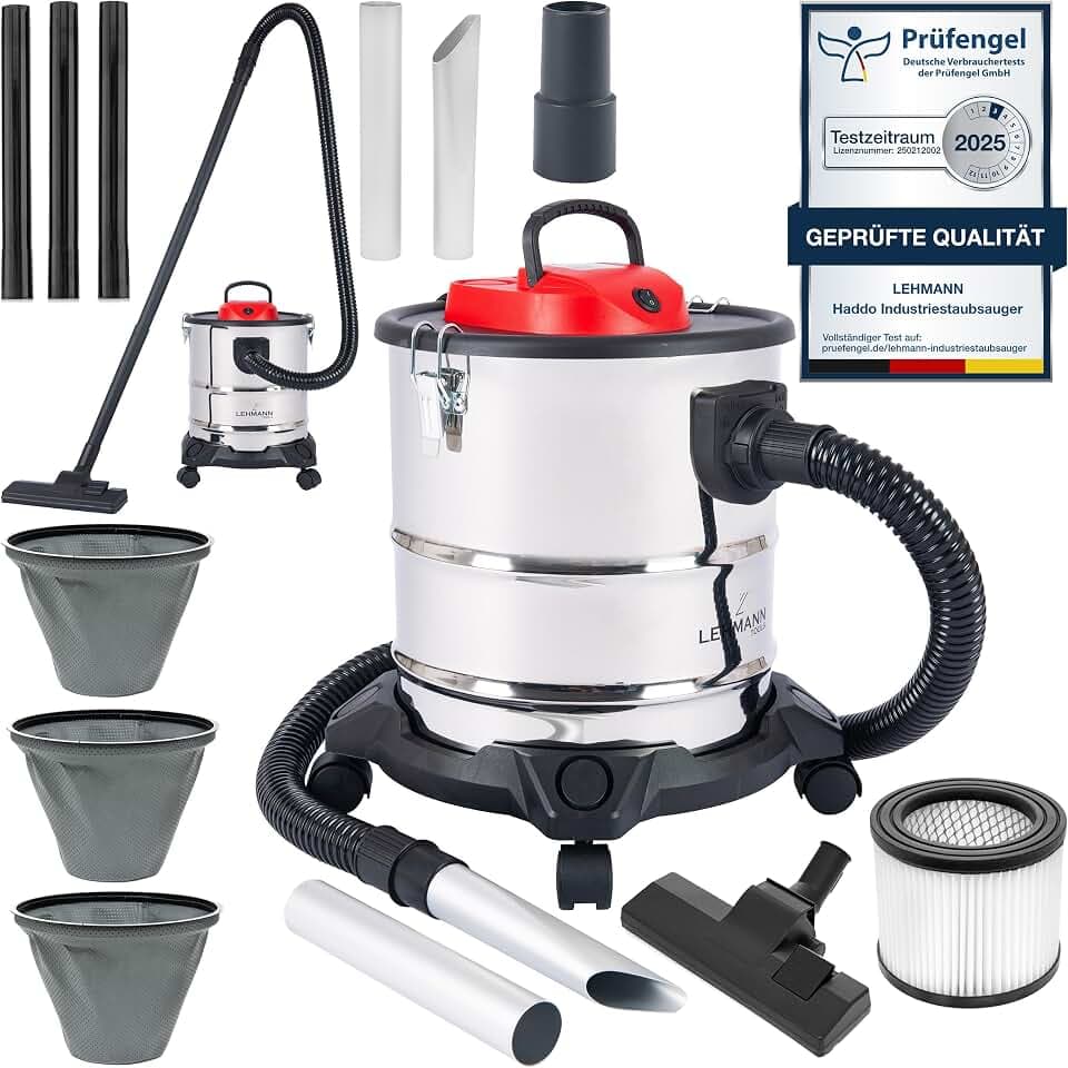 Lehmann Haddo Industriestaubsauger 2000W | Aschesauger für Kamin mit Doppelfilteranlage | Kaminsauger Ascheschlucker | Nass Trockensauger mit 20 Liter Edelstahltank, Silber