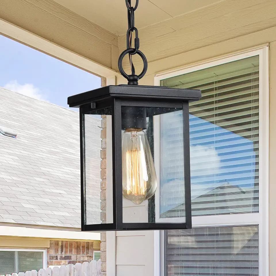 Outdoor Pendant Lights for Porch, Black Farmhouse Outdoor Pendant Light Fixture with Seeded Glass Shade, Modern Rectangular Hanging Lantern Light Fixtures
