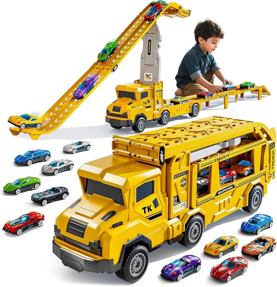 Transport LKW Spielzeug für Jungen 3-12, Auto Bahn Spielset mit Transporter LKW, 12 Druckguss Autos, 2 Renn Katapulten und Doppelspur Modell, Auto Spielzeug Set für Kleinkinder, Jungen und Mädchen