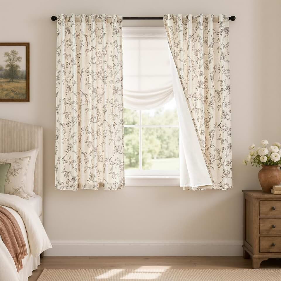 Lazzzy Taupe Floral Linen Lined Curtains Rod Pocket 50W X 63L 2 Panels