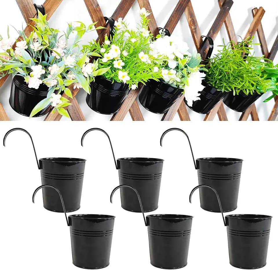 6 Pack Hanging Metal Railing Planters 6" with Detachable Hooks, Black