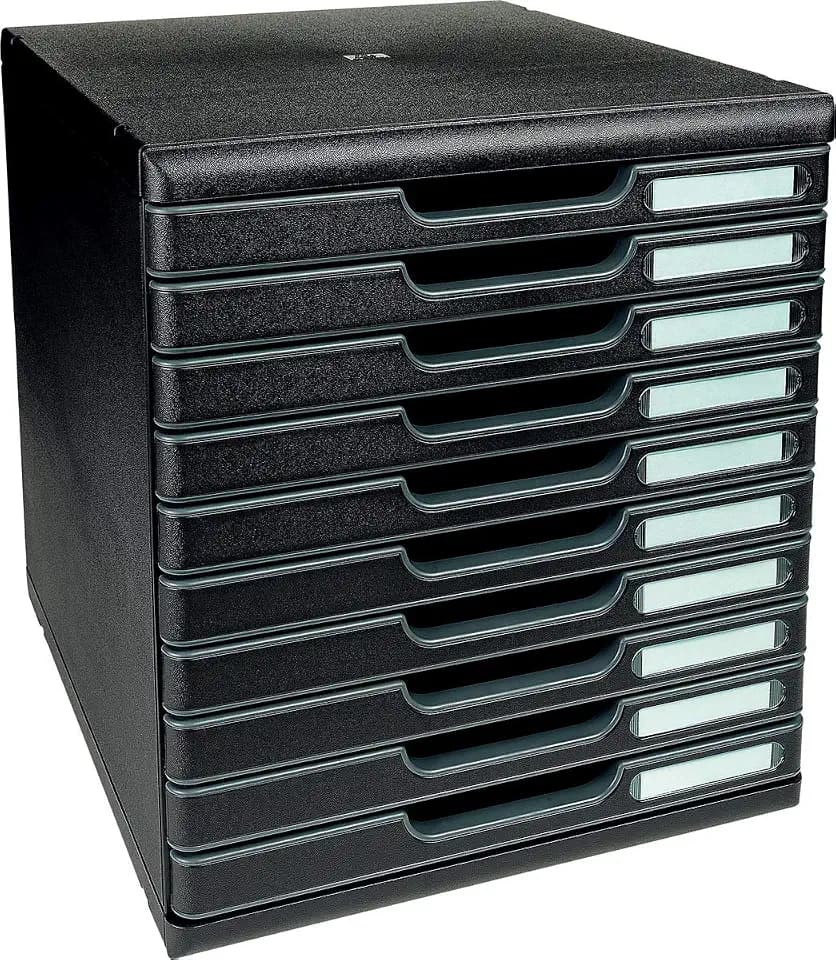 Exacompta 302414D Ablagebox Modulo mit 10 Schubladen für DIN A4+ Dokumente. Belastbare Schubladenbox mit hoher Kapazität für mehr Platz auf dem Schreibtisch schwarz