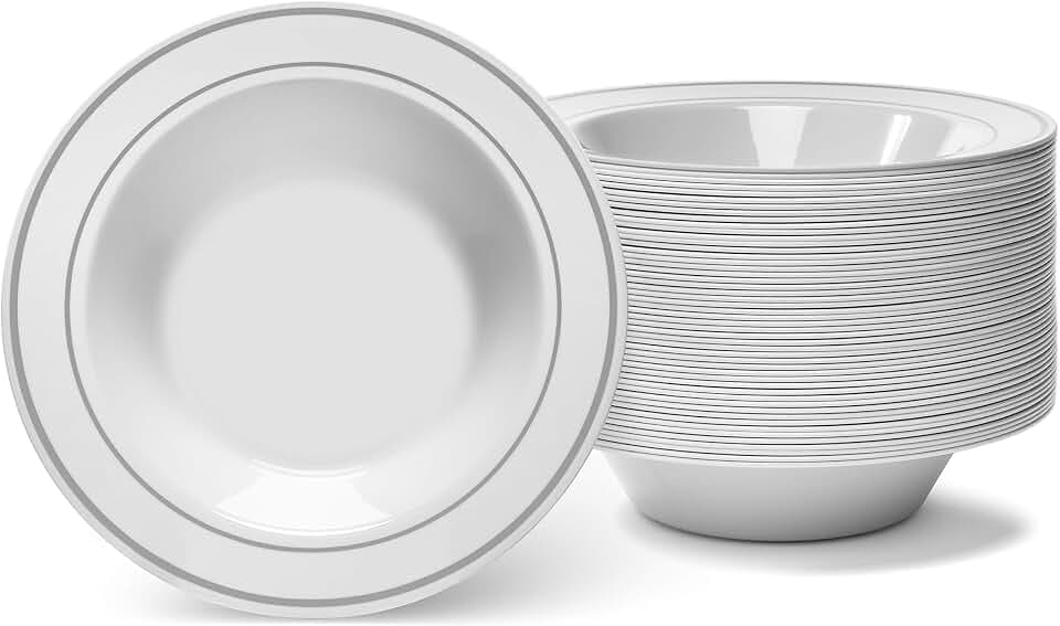 Silver Rimmed White Bowls - 5 ounce - 50 Count - Hard Plastic - Disposable or Reusable - Dessert - Salad - Cereal - Pasta Bowls - Ideal for Weddings, Parties, Gatherings, Events &More!