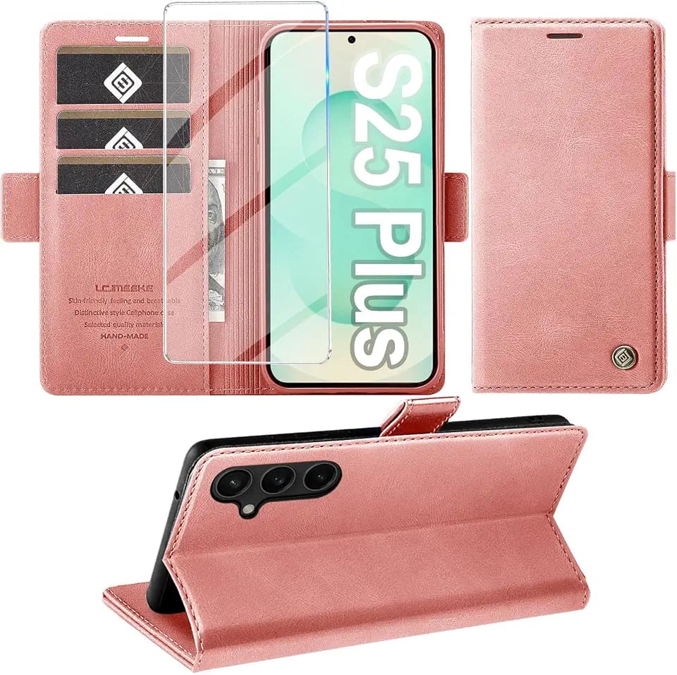 Giyer Handyhülle für Samsung Galaxy S25 Plus Hülle mit Schutzfolie, Schutzhülle S25 Plus 5G PU Leder Wallet Flip Case Standfunktion Kartenfach Klapphülle für Samsung S25 Plus Cover Tasche (Rosa)
