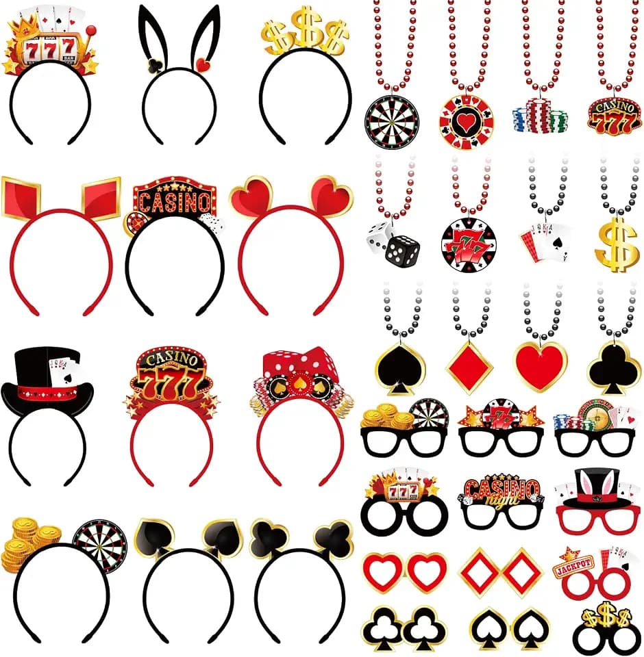 36 Pcs Casino Night Party Favors Felt Headband Eyeglasses Necklace