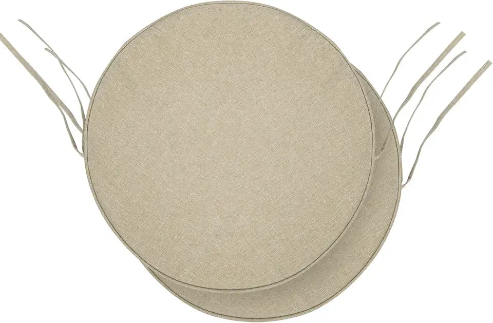 Outdoor Round Chair Cushions 15 Inch, Fade-Resistant & Water-Resistant, Bistro Chair Seat Pads for Porch Garden Balcony Patio Furniture Stools, Non-Slip Bottom, Set of 2, Natural