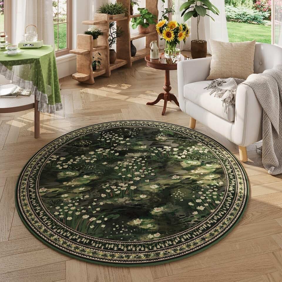 Rugcomf Round Area Rug 6ft Washable Vintage Impressionist-Style, Green