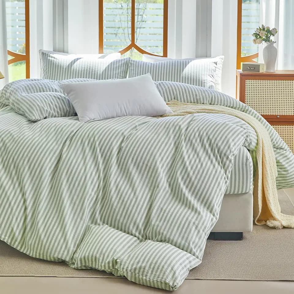 Sage Green Striped Duvet Cover Set Full 100% Washed Cotton