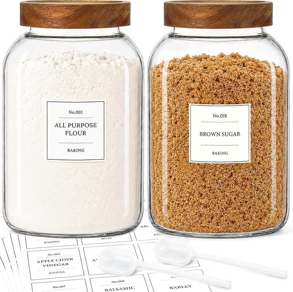 CONNOO 2Pcs-135oz Flour Sugar Storage Containers with Wood Lids