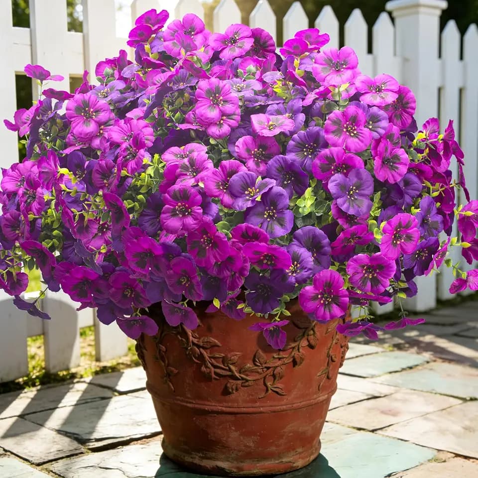 Grunyia Fake Flowers 16Pcs Artificial Pansy Silk Flowers UV Resistant for Outdoor Planters, Realistic Faux Pansies for Porch Patio Window Box Decor (Deep Purple & Light Purple)