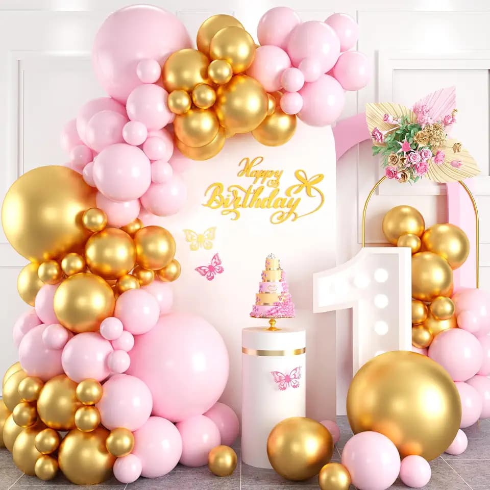 Pink and Gold Balloon Arch Kit, 100pcs Metallic Gold Pastel Macaron Pink Balloon Garland Kit with Different Sizes 18/12/10/5 inch Balloons for Baby Shower Wedding Girls Women Birthday Party Decoration