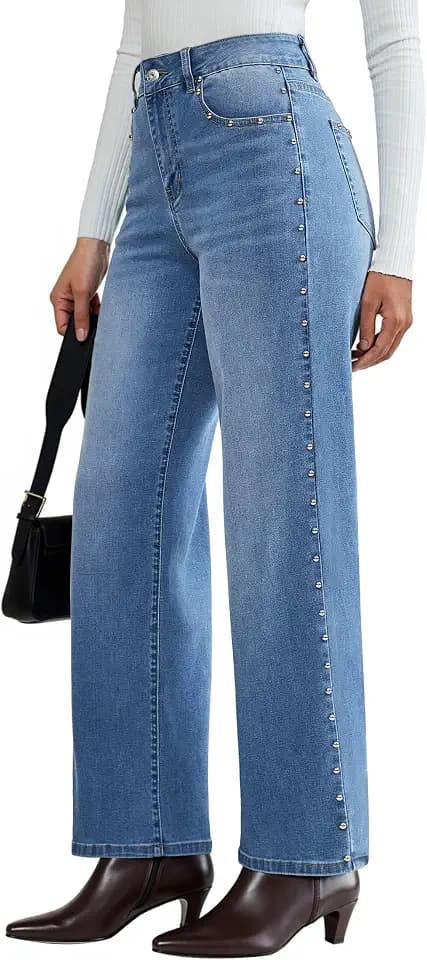 luvamia Women Jeans Wide Leg High Waisted Trendy Side Studded Embellished Distressed Stretchy Denim Pants Party Jeans