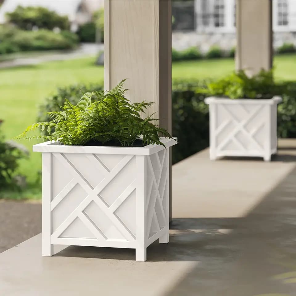 Lattice Design Outdoor Planter Box 2-Pack - 15.5” Square 16.5” Tall White Decorative Plant Pots for Front Porch Decor - Flower Pots Outdoor Planters for Porch Patio or Garden Decor by Pure Garden