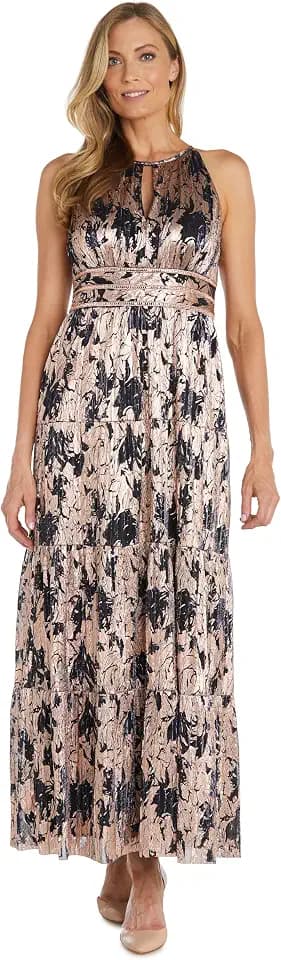 R&M Richards Women's Metallic Bloom Pleated Maxi Dress