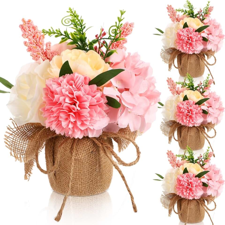 4 Pack Pink Artificial Flowers Centerpieces for Tables Rustic Decoration