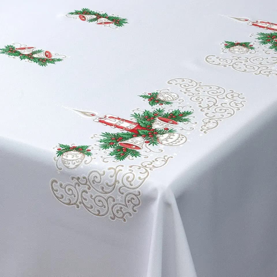 MforStyle Weihnachts-Tischdecke weiß mit Weihnachtskerzen-Motiv in rot, Gold und grün, rechteckig., Polyester, weiß, 57" x 118" (145cm x 300cm)