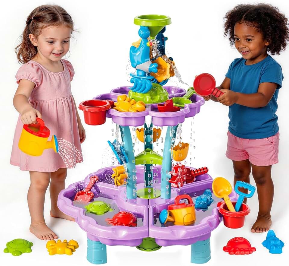 deAO Wasserspieltisch Kinder ab 3 Jahren – Mehrstufiger Sand und Wassertisch mit Wasserfall & Fontäne, 13-TLG Zubehörset mit Eimer Schaufeln Wasserrad, Outdoor Spielzeug für Garten