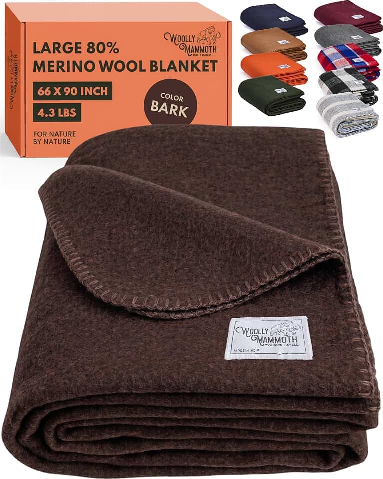 Woolly Mammoth Merino Wool Blanket, Fall Camping Blanket, 66"x90" Bark