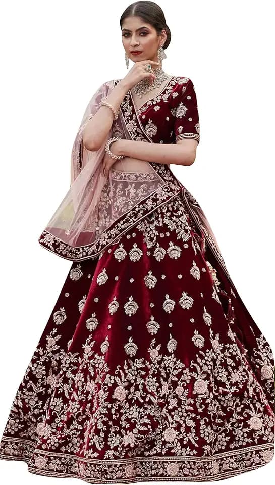 TRENDMALLS Women's Velvet Embroidery Work Lehenga Choli Dupatta Ready To Wear
