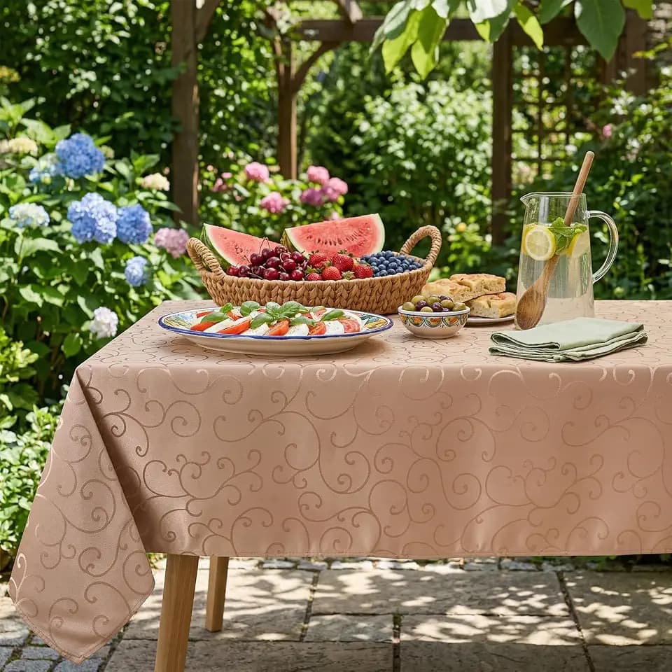 Romanvicky Jacquard Rectangular Tablecloth, Champagne Gold Swirl Floral, Spill-Proof Stain Resistant Wrinkle Free Table Cover for Wedding Banquet Party Holiday Decor, 52x70 Inch